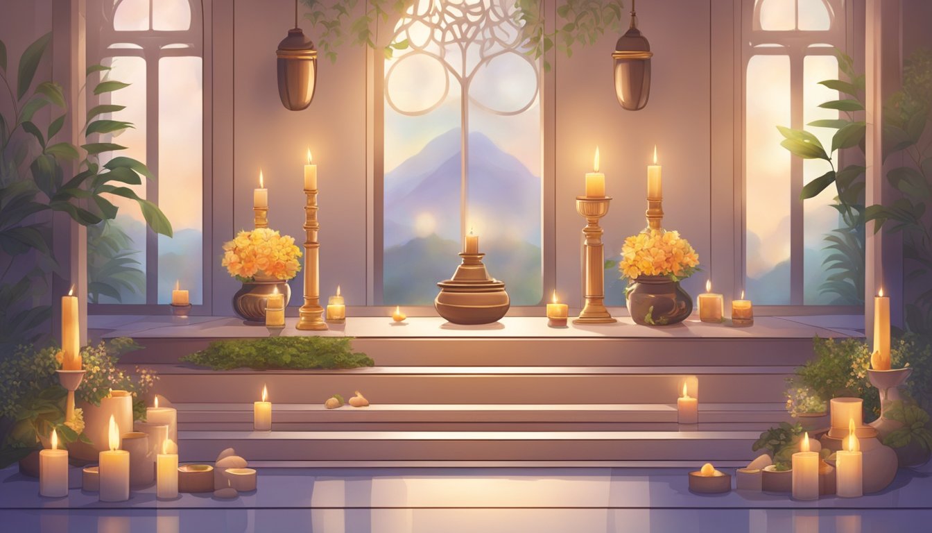 A serene altar with offerings, candles, and incense. Flowers and symbolic objects adorn the space, creating a peaceful and reverent atmosphere