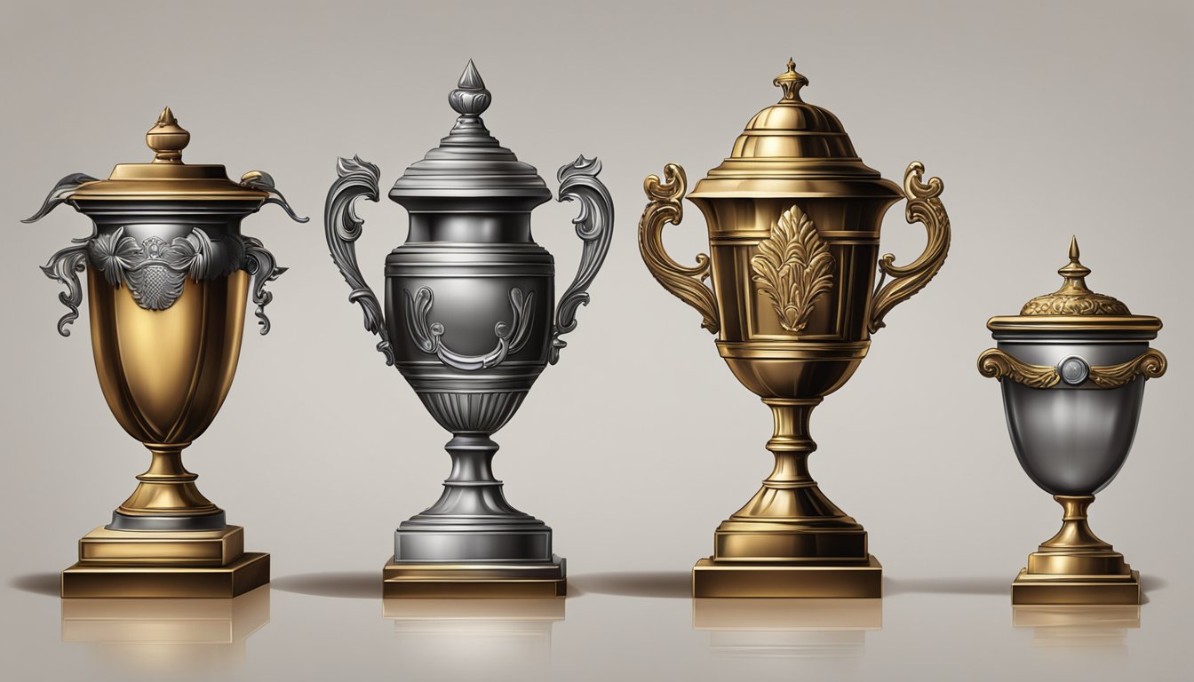 A collection of five metallic urns, each uniquely designed, displayed on a polished wooden table