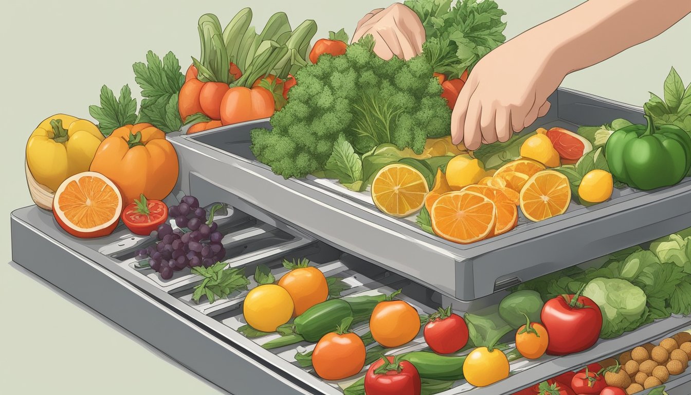 Assorted fruits and vegetables are being sliced and placed on food dehydrator trays. Spices and herbs are being sprinkled on the produce before the dehydrator is turned on