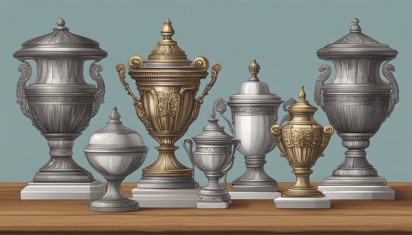 Five different urns arranged on a wooden table, each made of different materials such as marble, ceramic, metal, wood, and glass