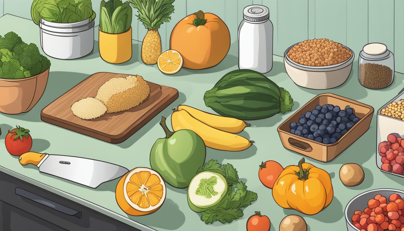 A kitchen counter with assorted fresh fruits, vegetables, grains, and proteins laid out for meal prepping. Cutting boards, knives, and storage containers are nearby