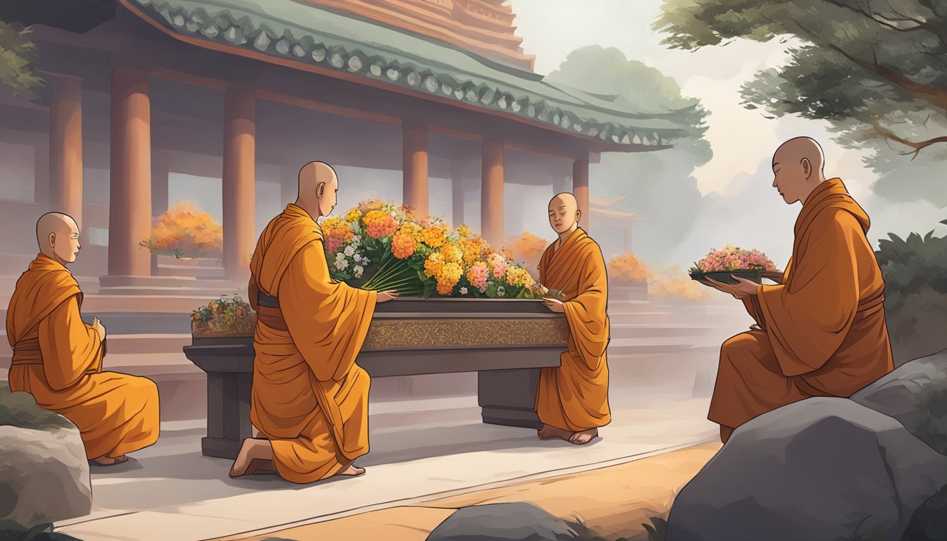 A group of Buddhist monks performing funeral rituals with incense, flowers, and chanting