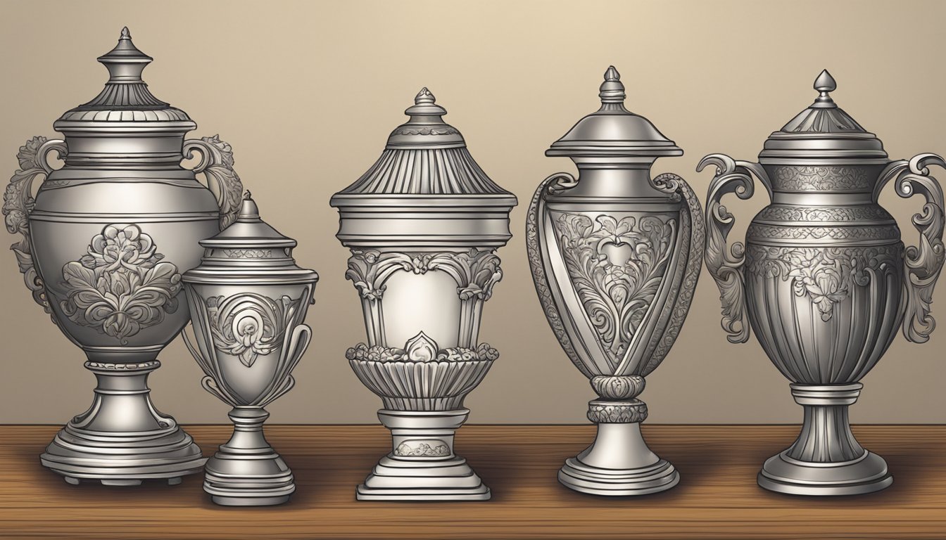 Five unique urn designs arranged on a wooden table with varying shapes, sizes, and materials. Each urn showcases different styles and decorative elements