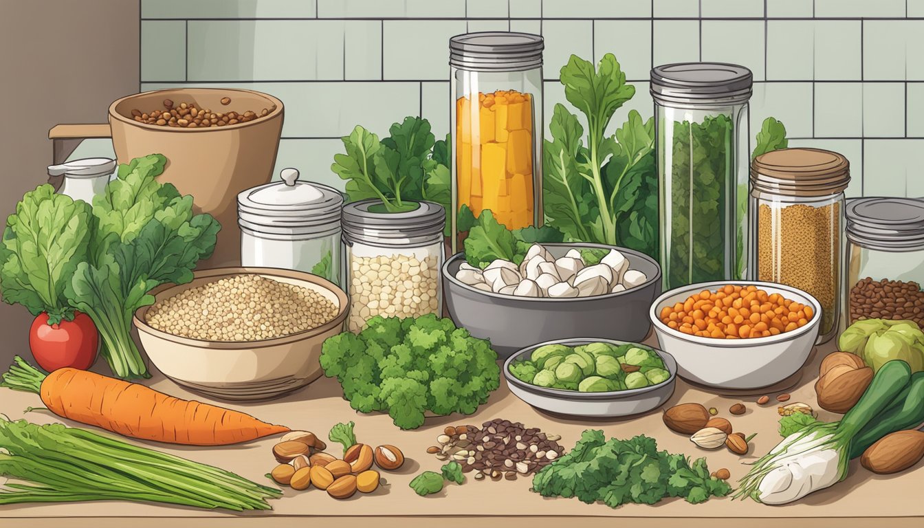 A kitchen counter with various fresh vegetables, tofu, nuts, and seeds. A cookbook open to a page on ketogenic vegetarian recipes. A meal prep container and utensils nearby