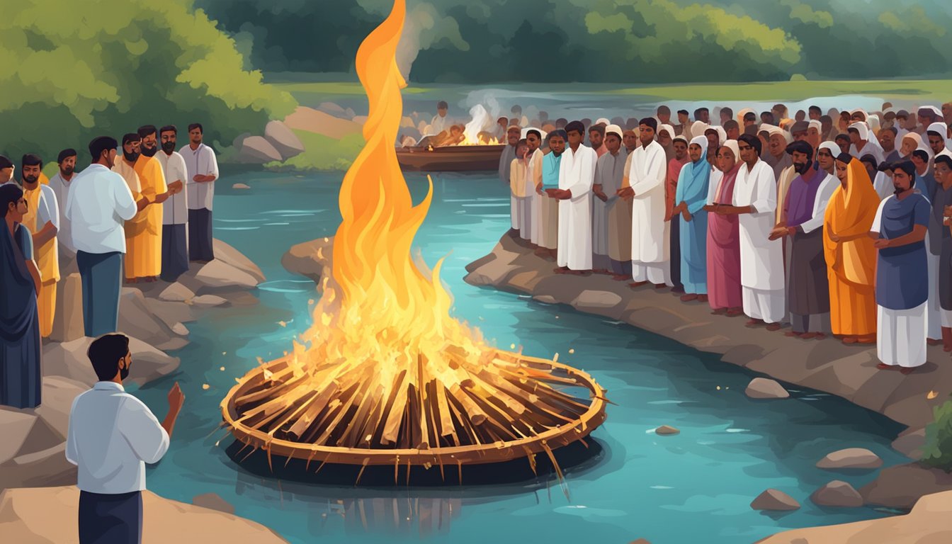 A funeral pyre burns on the banks of a river, surrounded by mourners. A priest performs the asthi visarjan, releasing the ashes into the water