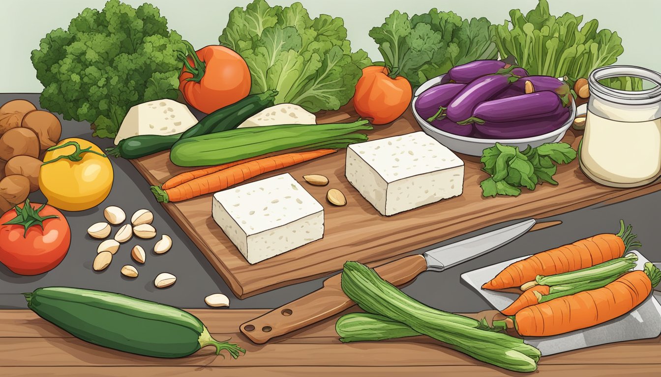 A kitchen counter with various fresh vegetables, nuts, and tofu arranged neatly next to a cutting board and knife. A cookbook open to a page with ketogenic vegetarian recipes