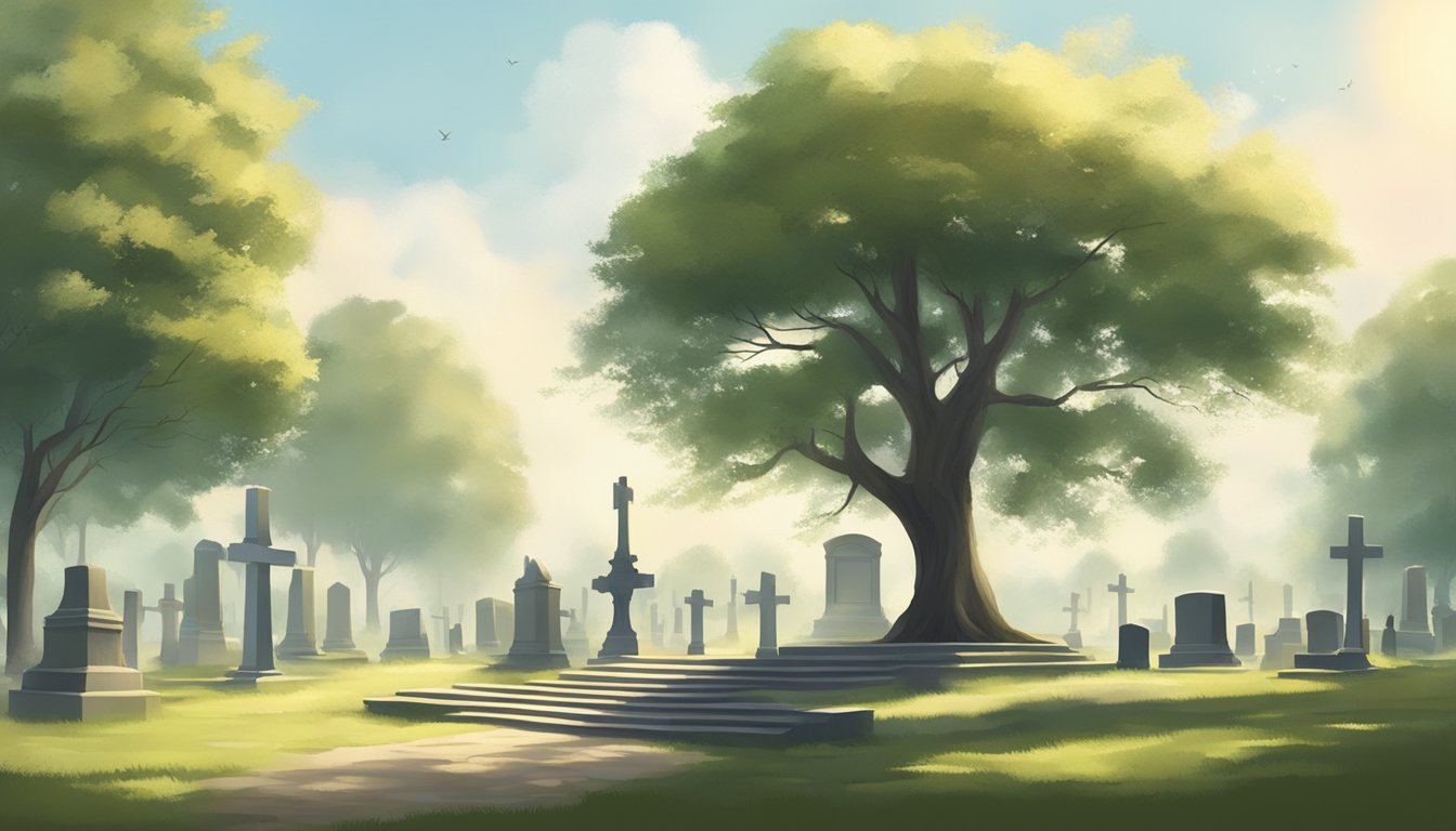 A peaceful cemetery with a lone tree, surrounded by soft sunlight and a gentle breeze, evoking a sense of contemplation and tranquility