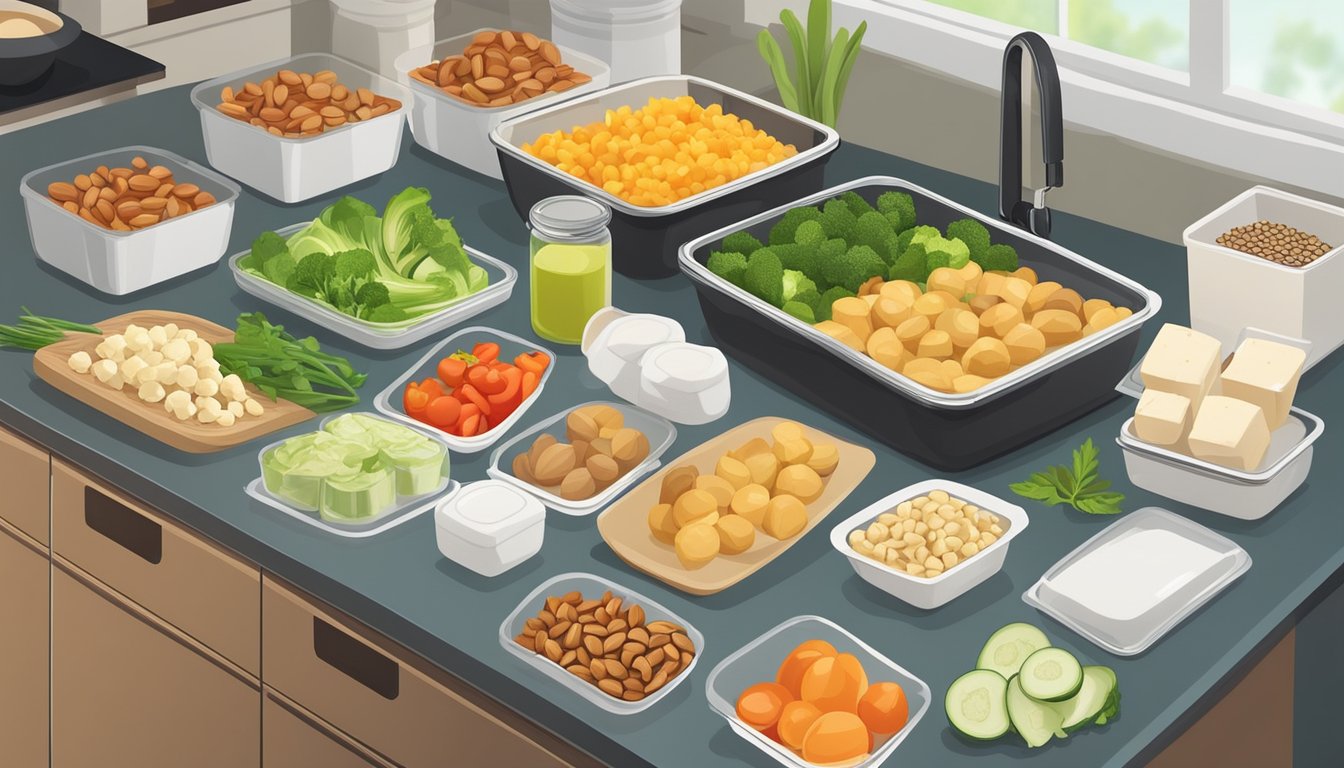 A kitchen counter with fresh vegetables, tofu, nuts, and seeds, surrounded by meal prep containers and cooking utensils for a ketogenic vegetarian diet