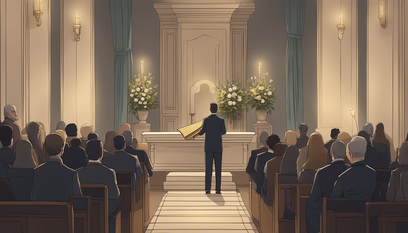 A serene funeral setting with a musician playing a harp surrounded by mourners in a peaceful, dimly lit room