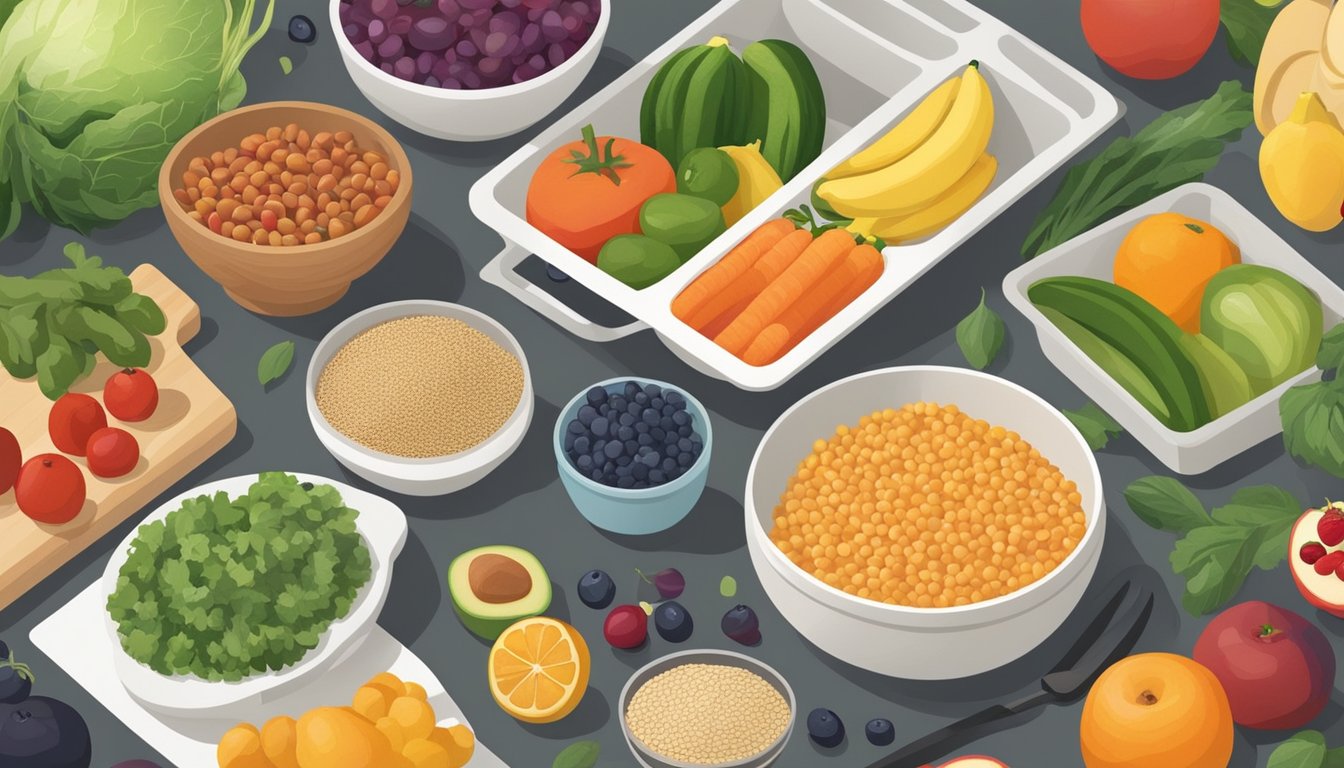 A kitchen counter with a variety of fresh fruits, vegetables, grains, and legumes laid out for meal prepping. Bowls, cutting boards, and utensils are arranged neatly