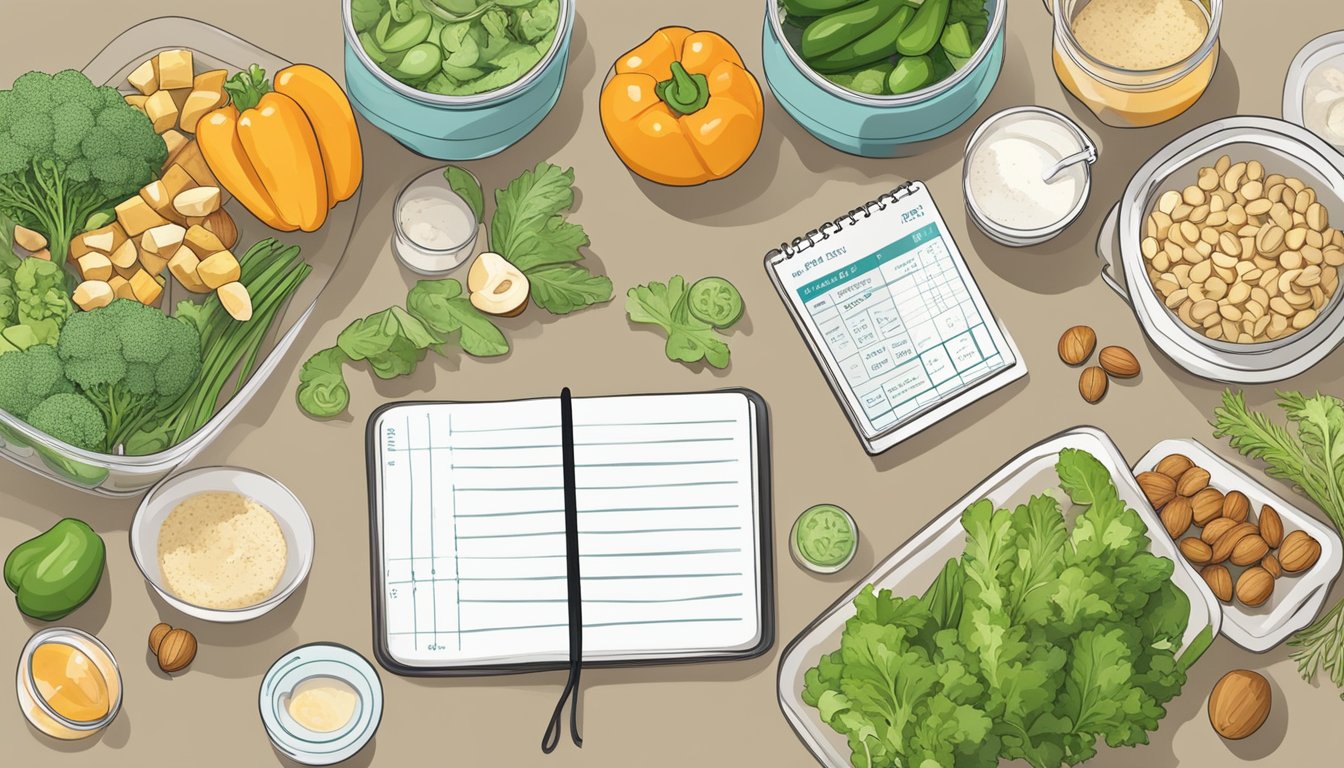 A kitchen counter with various fresh vegetables, nuts, and tofu, alongside measuring cups and a meal prep container. A notebook with a meal plan and progress tracker is open nearby