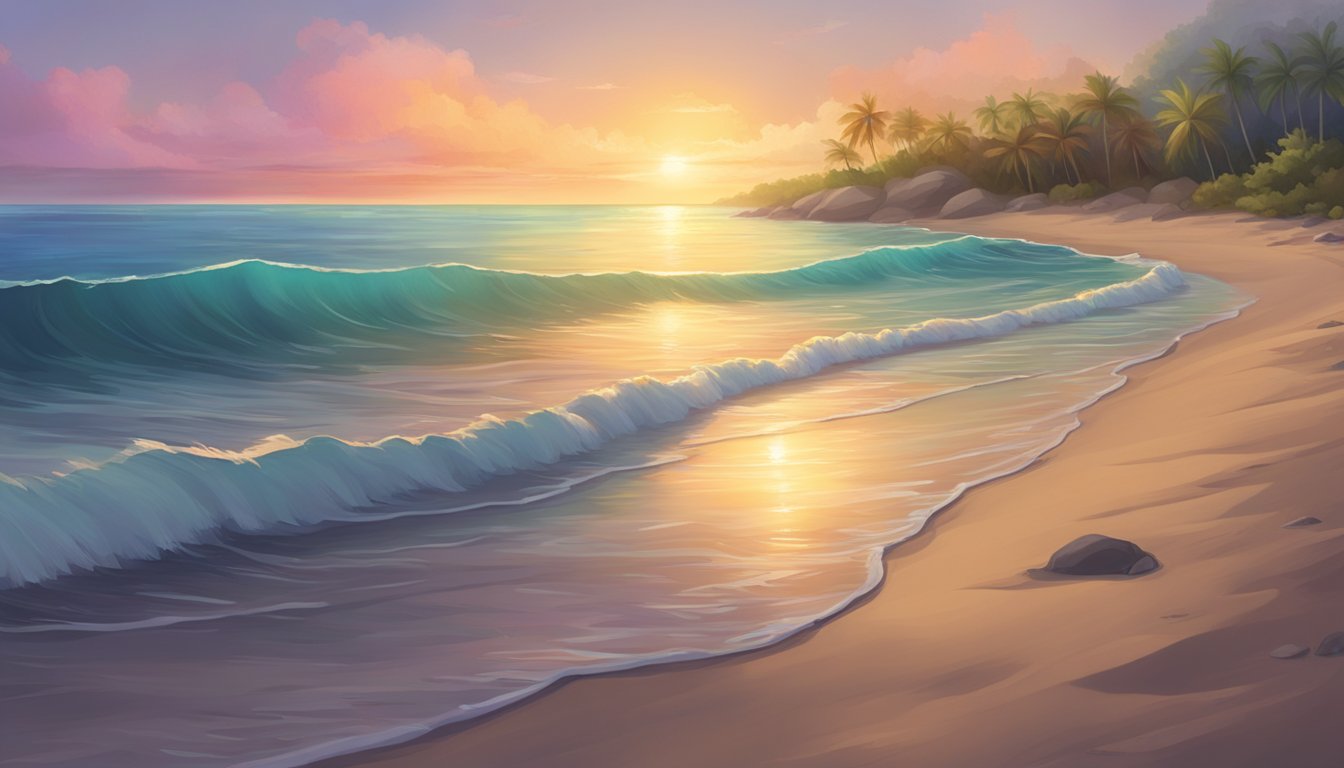 A serene beach at sunset, with a colorful rainbow stretching across the sky and gentle waves lapping at the shore