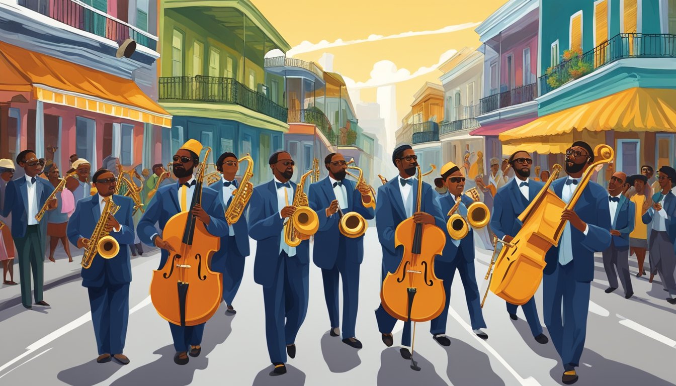 A jazz band leads a colorful funeral procession through the streets of New Orleans, blending unique customs from various religions