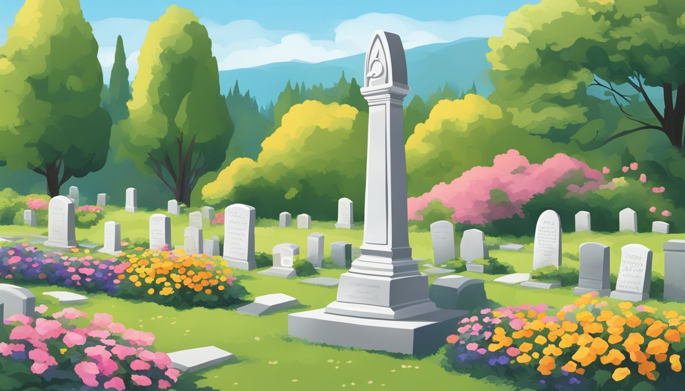 A serene cemetery with a solitary gravestone, surrounded by colorful flowers and a gentle breeze, as the song "My Way" by Frank Sinatra plays softly in the background