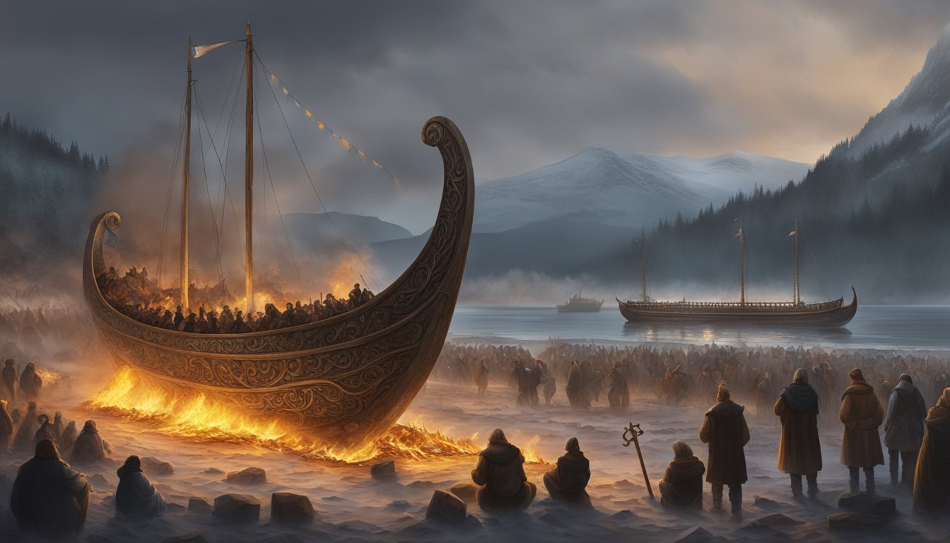 A Viking ship, adorned with intricate carvings, is set ablaze on the shore as part of a burial ritual, surrounded by mourners and onlookers