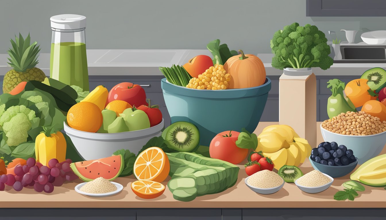 A kitchen counter with a variety of fresh fruits, vegetables, lean proteins, and whole grains laid out for meal prepping