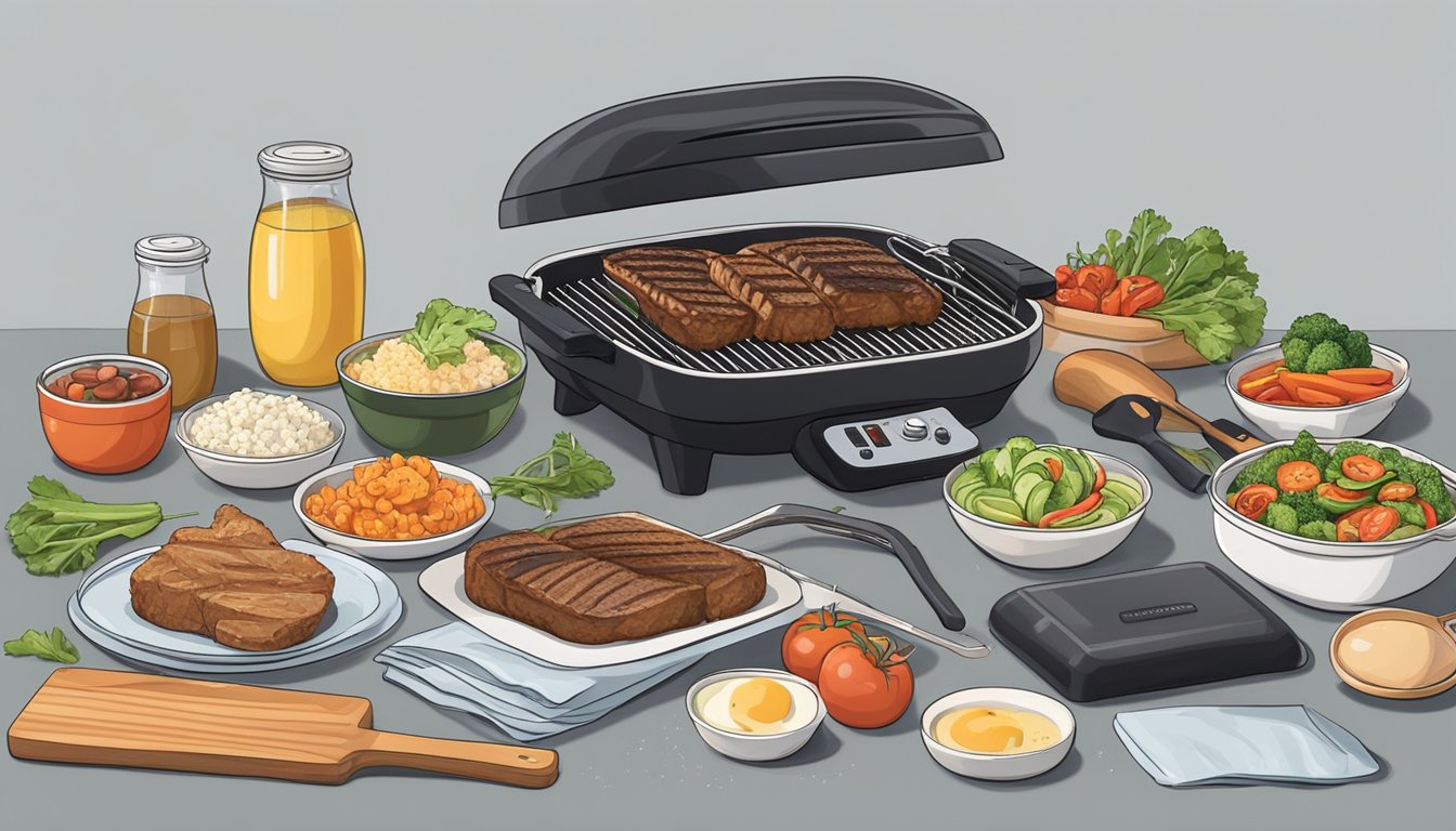 An electric grill surrounded by various raw and cooked ingredients, with a meal prep container and utensils nearby