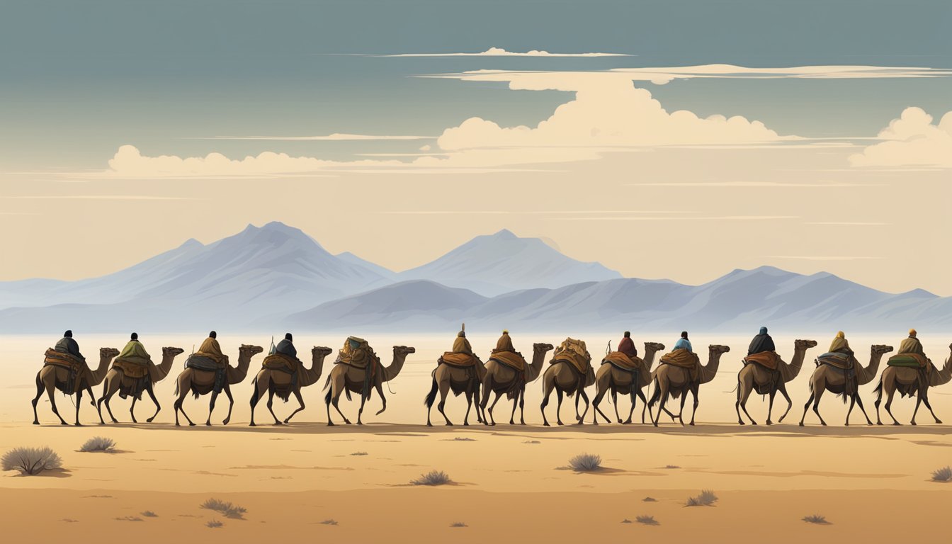 A line of weeping camels led by Mongolian nomads, surrounded by the vast, desolate landscape