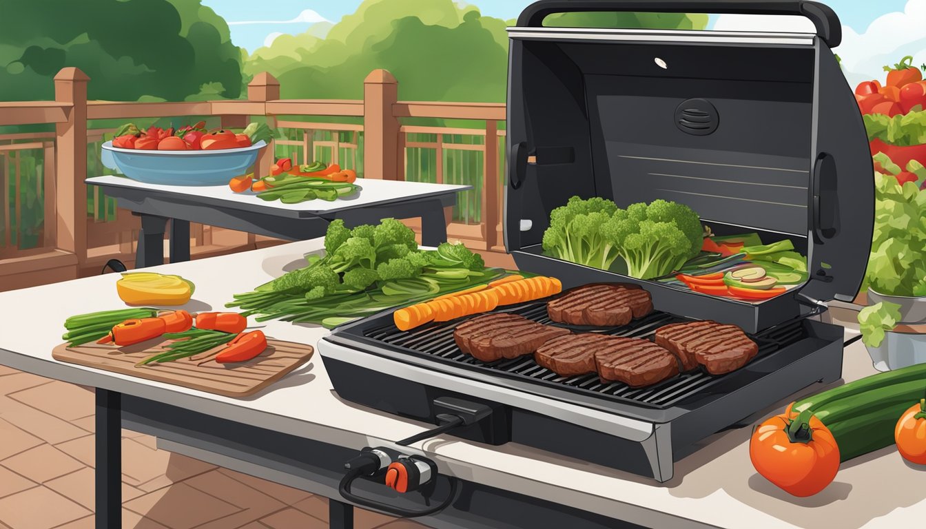 An electric grill surrounded by fresh vegetables and marinated meats on a clean, outdoor patio table