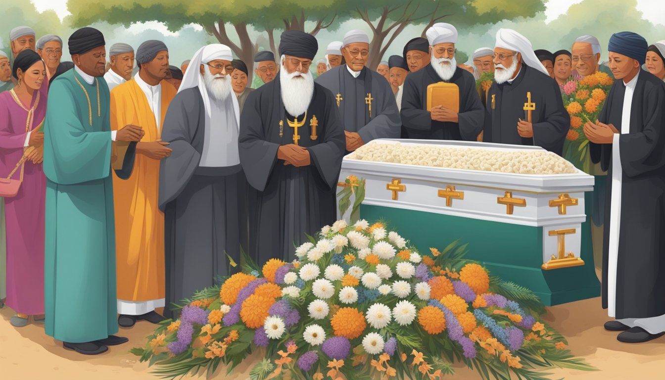 A diverse array of funeral customs from various religions, including symbolic rituals and traditional practices, are depicted in a vibrant and respectful manner