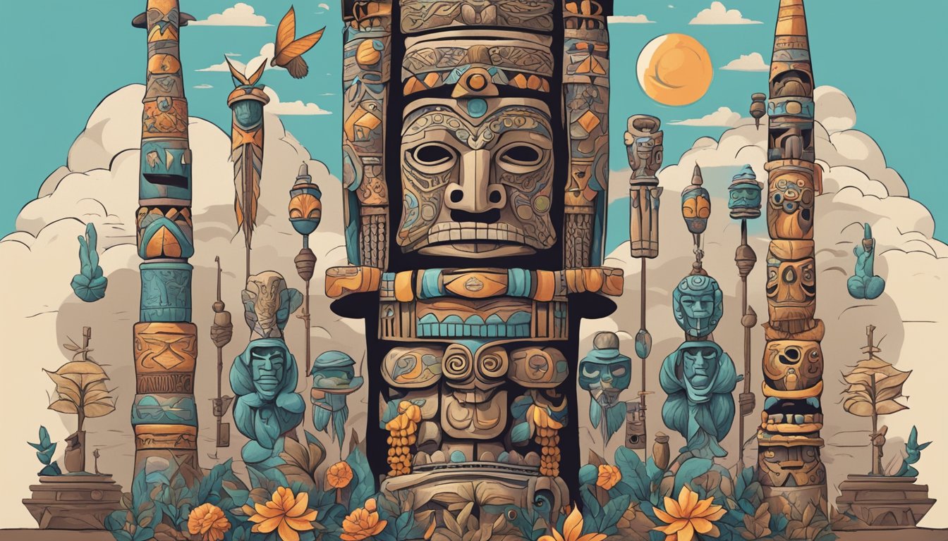 A totem pole surrounded by symbols of cultural death rituals from around the world