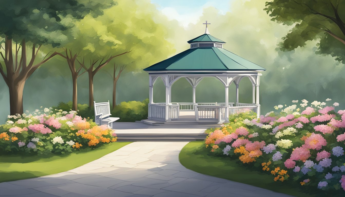 A serene outdoor setting with a gazebo and benches, surrounded by trees and flowers, offering a peaceful and affordable venue for a budget funeral