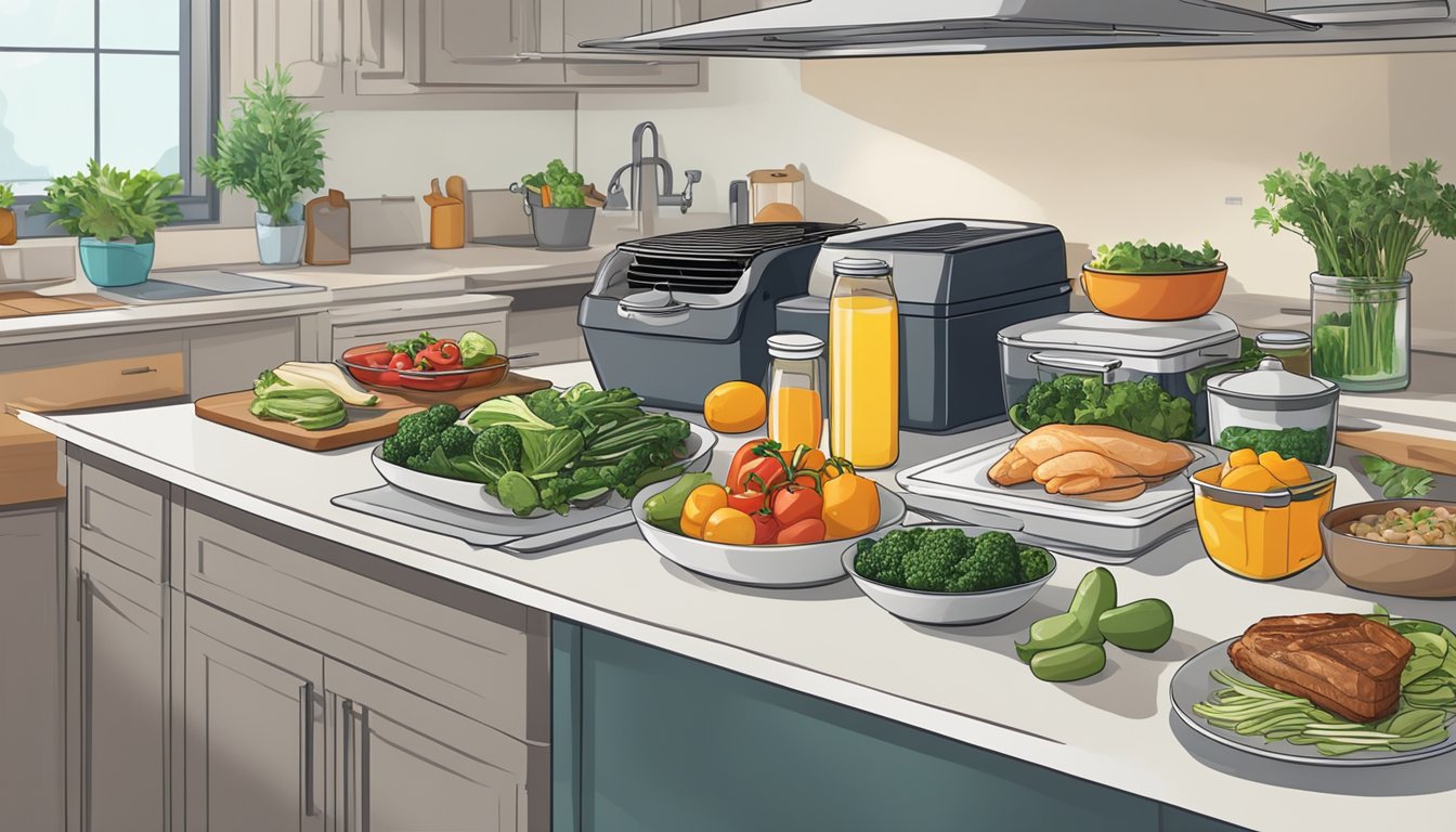 A well-organized kitchen counter with various fresh ingredients and prepped meals, an electric grill in the background