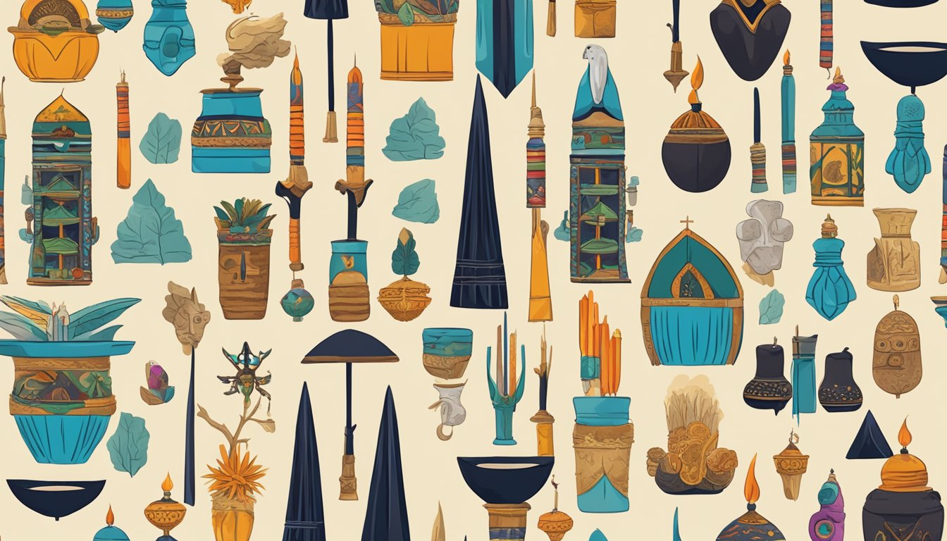 A colorful array of cultural symbols and objects representing various death rituals from around the world