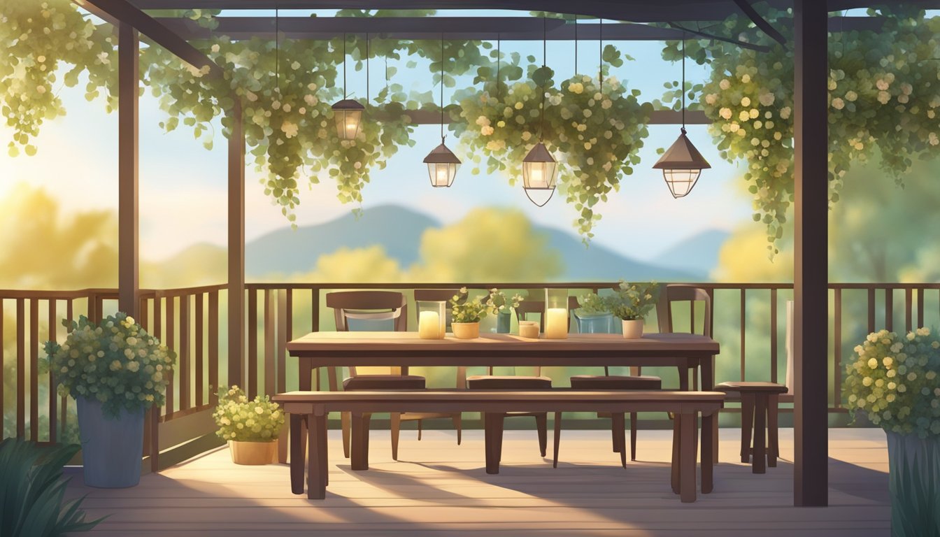 A serene outdoor setting with a simple wooden table adorned with flowers and candles. A gentle breeze rustles the leaves of nearby trees