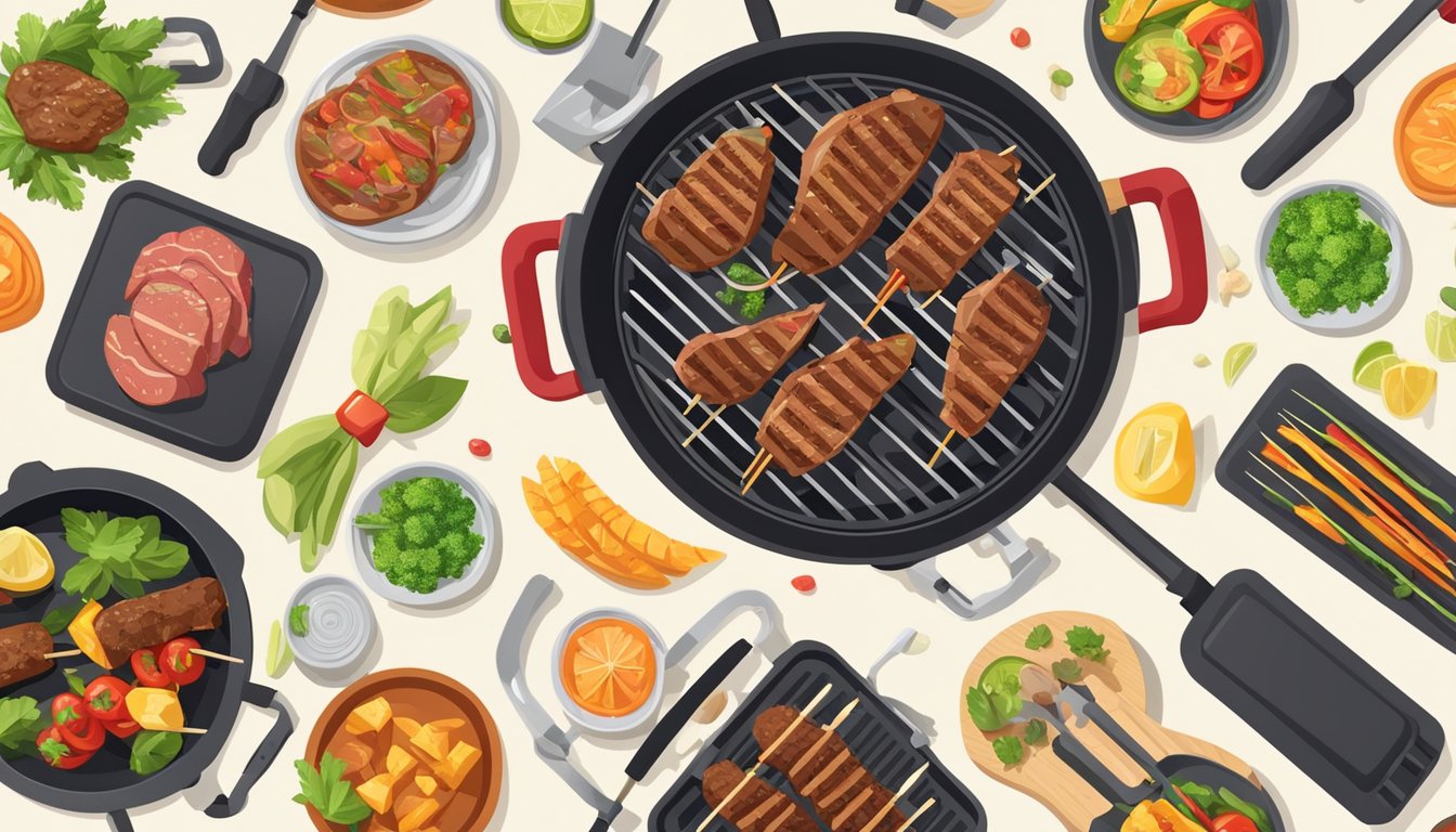 An electric grill sizzling with various foods, from juicy steaks to colorful skewers, surrounded by a variety of grilling tools and seasonings