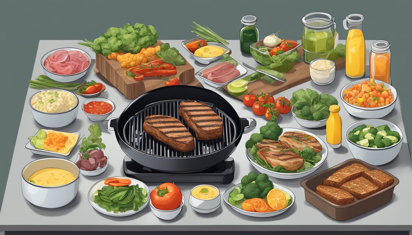 An electric grill surrounded by various prepped ingredients and containers for meal assembly