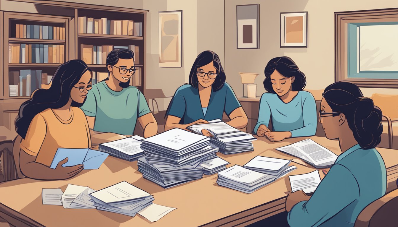 A family gathers around a table, reviewing budget-friendly options for funeral planning. A stack of brochures and paperwork sits in the center