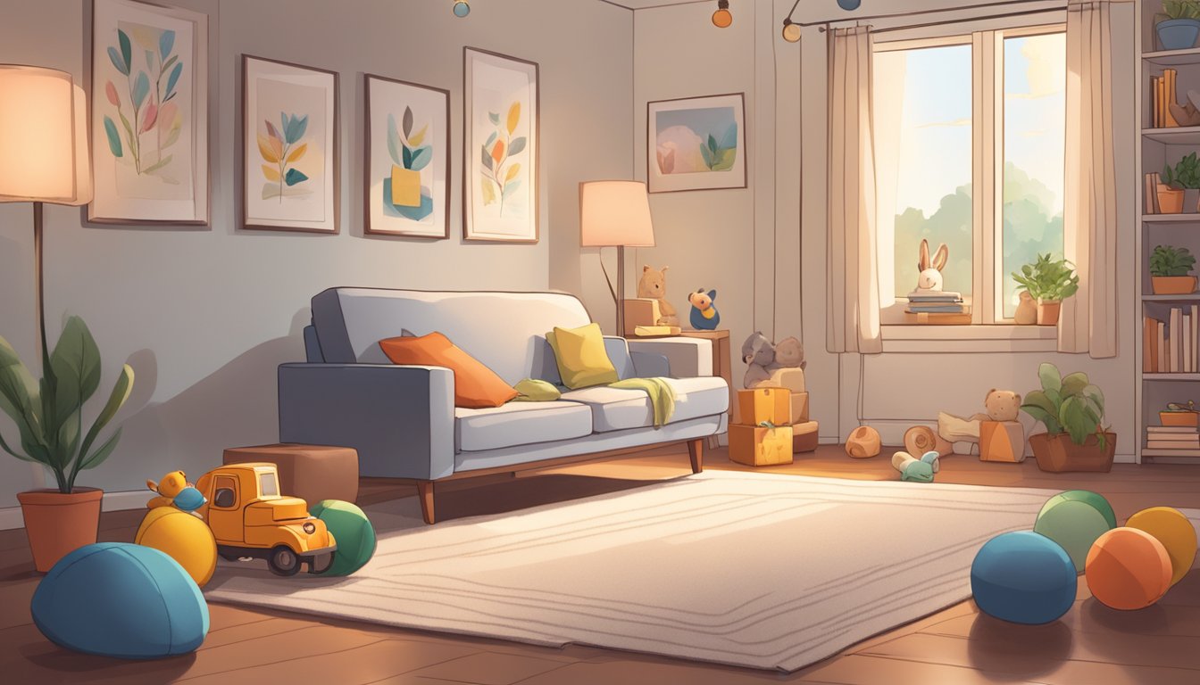 A cozy living room with soft lighting, a comfortable couch, and a child's favorite toys scattered around, creating a safe and comforting space for a grieving child