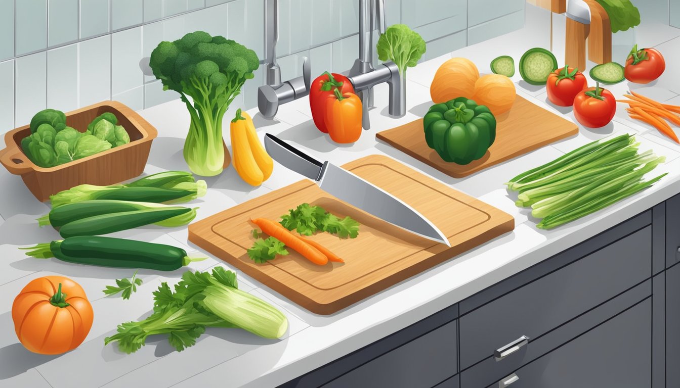 A kitchen counter with a variety of fresh vegetables being washed and chopped, alongside a cutting board and knife