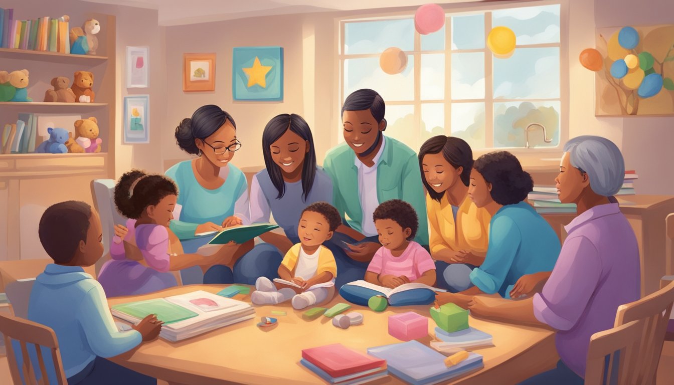 A group of caring professionals surround a child, offering comfort and support in a warm, safe environment. Toys, books, and art supplies are available for the child to express their emotions