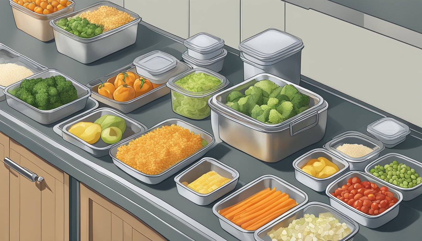 A kitchen counter with assorted low oxalate foods being prepped and organized into meal containers