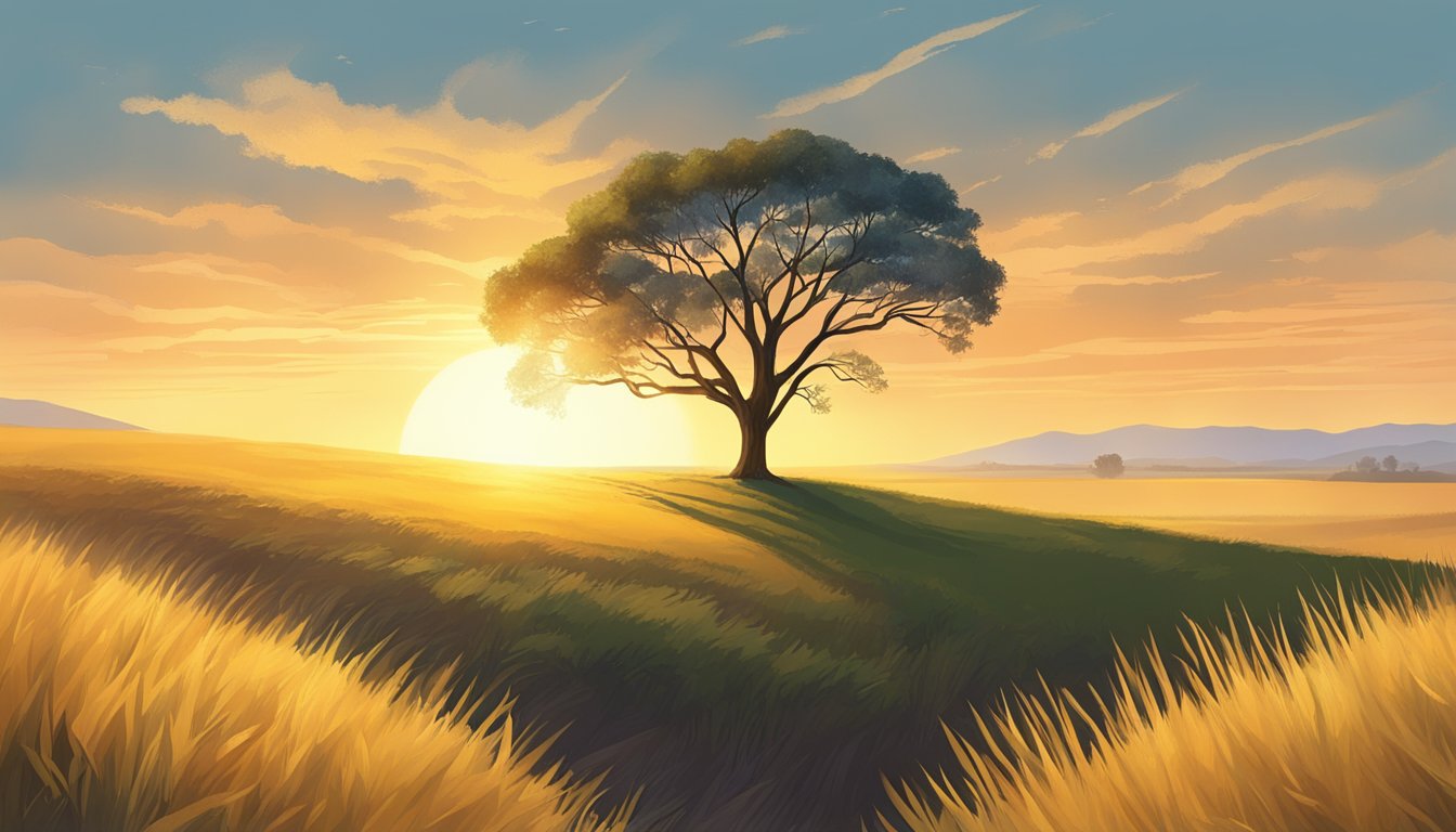 A serene, open field with a lone tree, its branches reaching towards the sky. The setting sun casts a warm, golden glow over the landscape