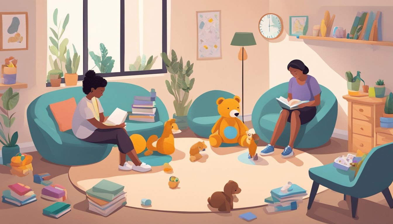 A child sitting in a circle with a therapist, surrounded by comforting objects like stuffed animals, books, and art supplies. The therapist is engaged in conversation with the child, providing support and guidance