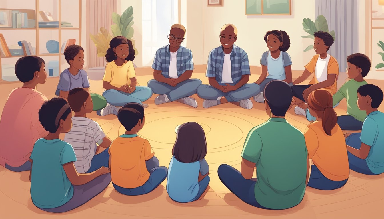 A group of children gather in a circle surrounded by supportive adults, engaging in educational activities and building a sense of community after a family member's death