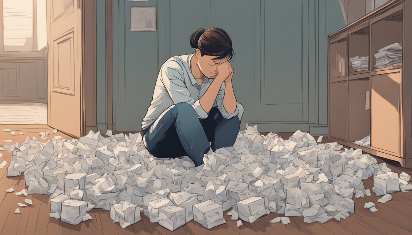 A person sitting alone in a dimly lit room, surrounded by scattered tissues and empty tissue boxes. The person is hunched over, with a pained expression on their face