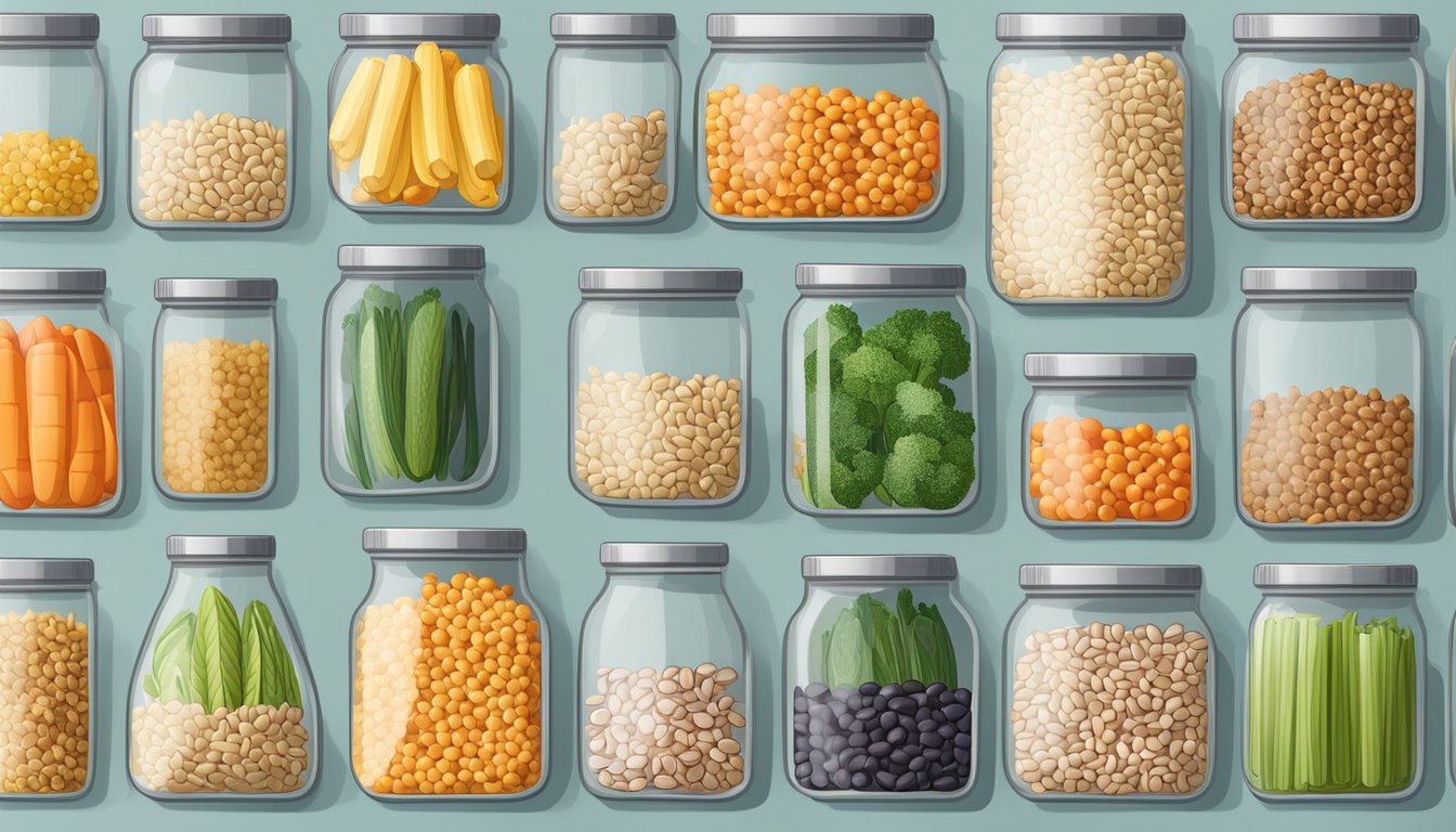 A kitchen counter with an assortment of whole grains, fresh vegetables, and legumes neatly organized in glass containers for meal prepping