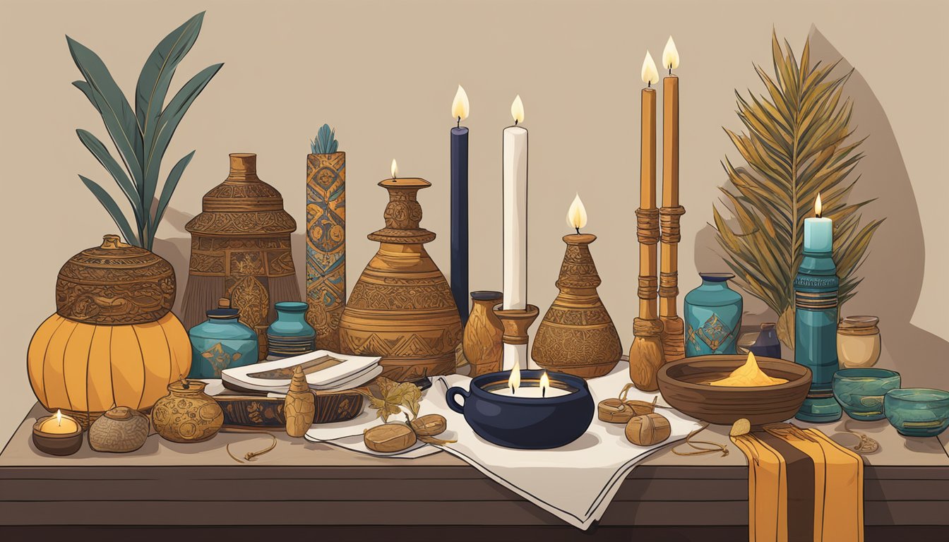 A diverse array of cultural symbols and objects related to death rituals from around the world, including candles, incense, and traditional garments, are arranged on a table