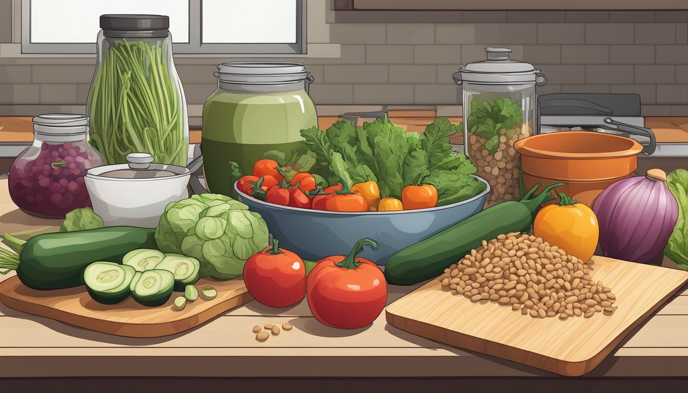 A kitchen counter with various fresh vegetables, grains, and beans laid out for meal prepping. A cutting board, knife, and pots and pans are also present