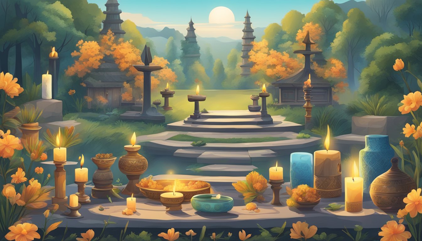 A serene landscape with various symbols of death rituals from different cultures, such as candles, incense, flowers, and traditional artifacts