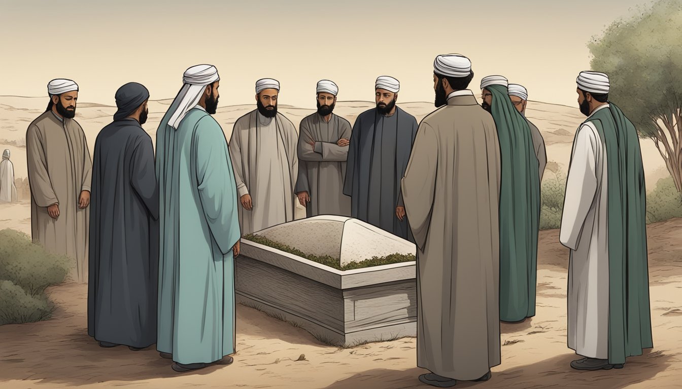 A group of mourners gather around a freshly dug grave, while an imam leads the funeral prayer. The body is wrapped in a simple shroud and placed gently into the earth