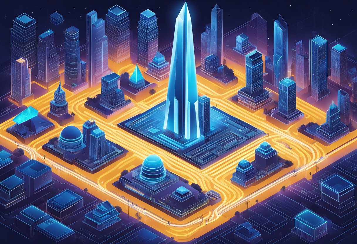 A futuristic city skyline with a trailblazing path leading towards a glowing symbol of innovation and sales enablement