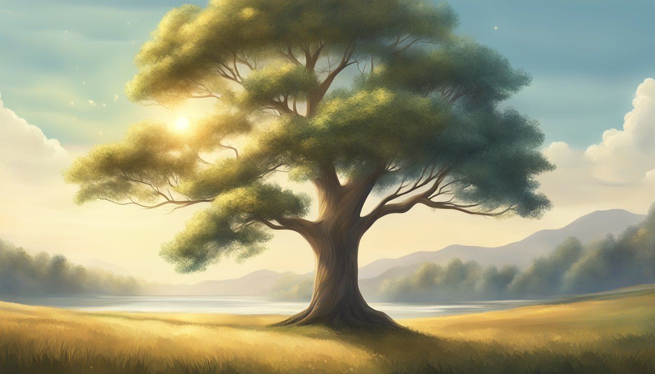 A solitary tree stands tall and strong in a serene, natural setting, surrounded by gentle sunlight and calm, peaceful surroundings