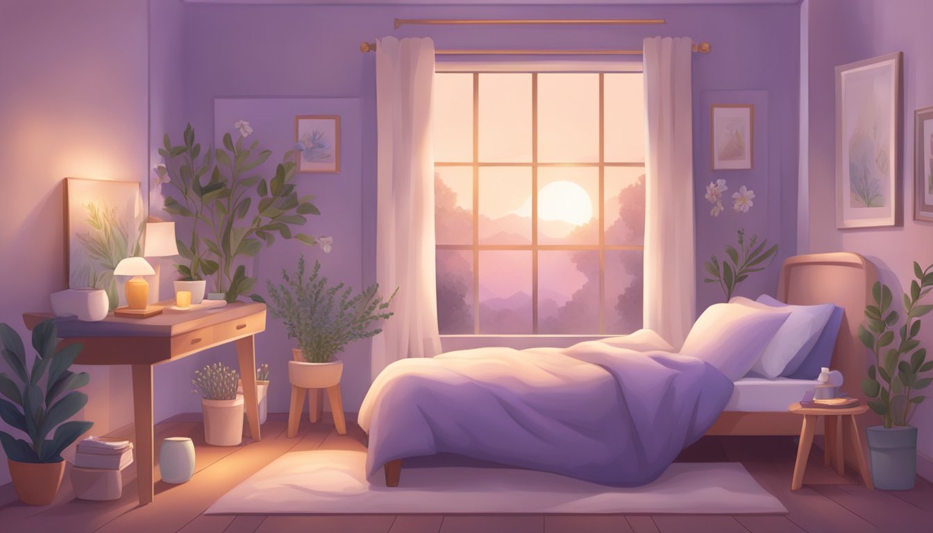 A cozy bedroom with soft, warm lighting, a comfortable bed, and soothing decor. A person peacefully asleep, surrounded by calming elements like lavender and chamomile