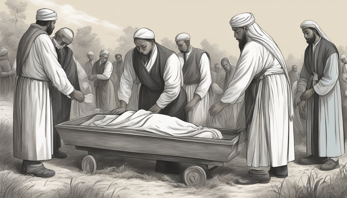 A group of individuals wash and shroud a deceased body before burying it in a simple grave. The scene is solemn and respectful, with a focus on the ritualistic preparation of the body