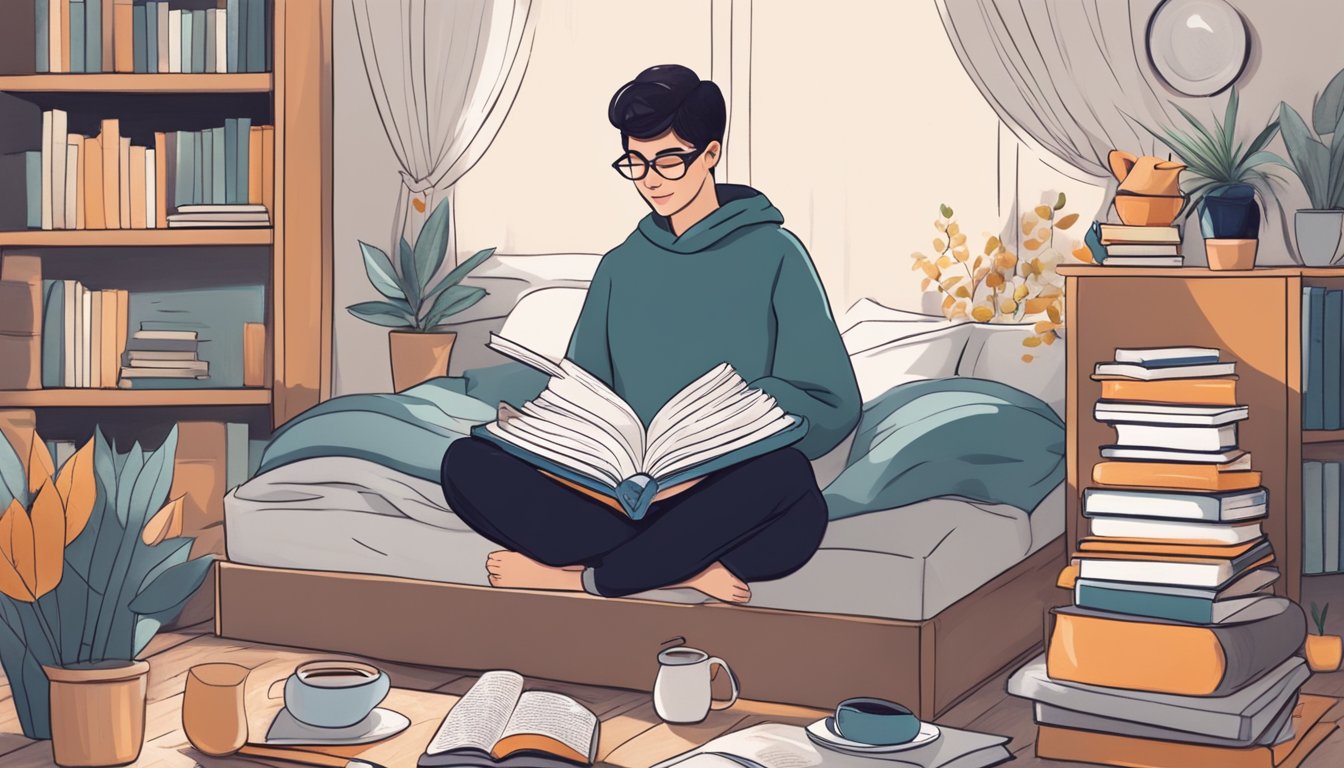 A person sitting in a cozy bedroom, surrounded by supportive books, a soothing cup of tea, and a journal for processing emotions